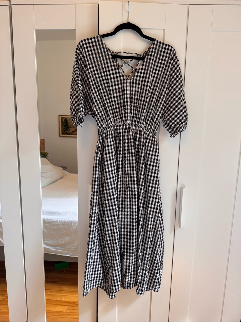MANGO Black and White Gingham Midi Dress with Crisscross Neck